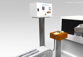 Smagnetizzatori in linea, inseriti in processi automatizzati con trasporto pezzi con robot/manipolatore: smagnetizzazione dei pezzi singoli o simultaneamente di più pezzi, o posti in contenitore.
